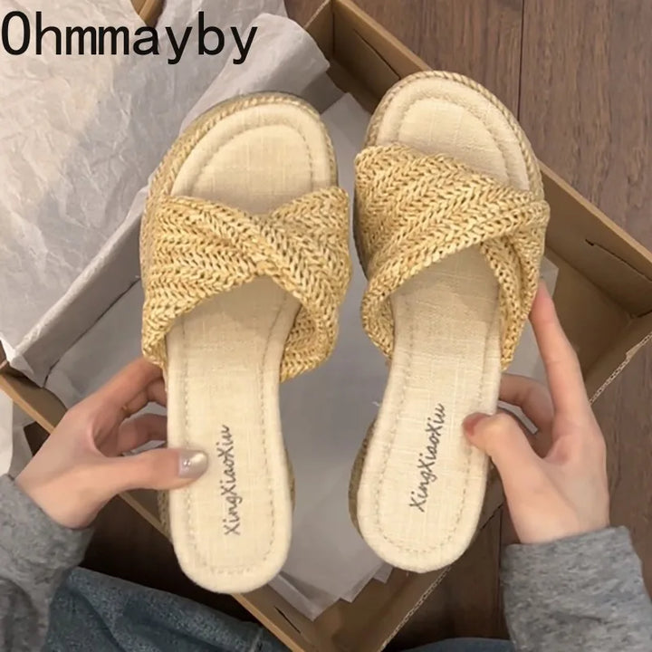 Summer Women Straw Woven Platform Slippers Fashion Bohemian Wedges Heel Slides Open Toe Ladies Elegant Party Dress Sandalias
