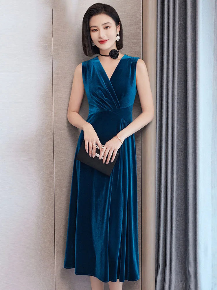 Golden Velvet Dress For Women Spring And Autumn New Fashionable V Neck Sleeveless Dress Velvet Thickened Hip Wrap Long Dress