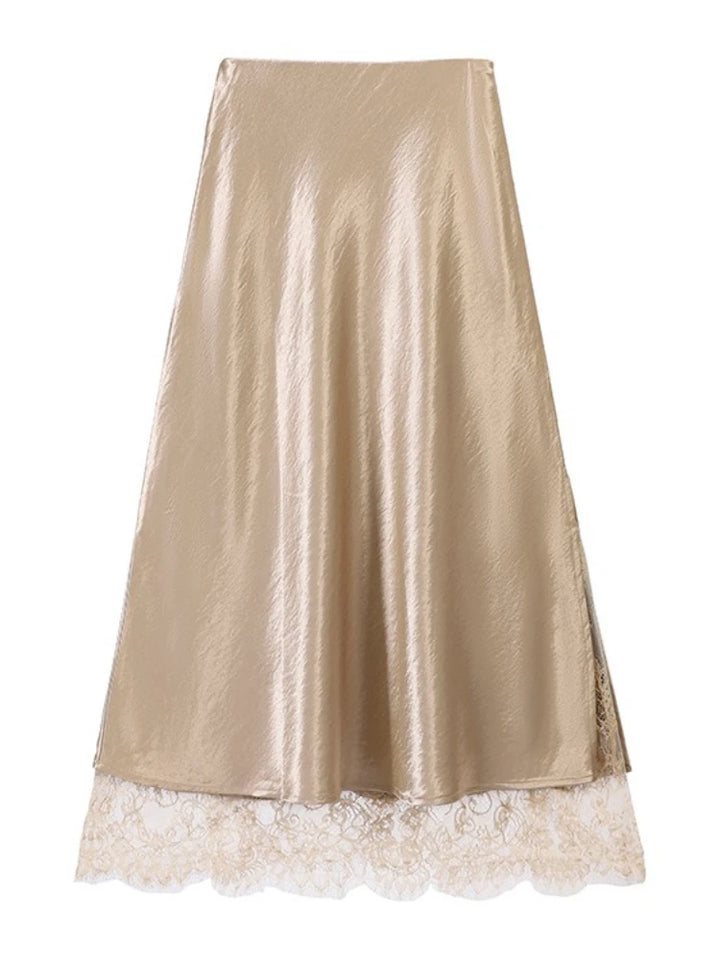 Women Satin Midi Skirt with Lace Trim High Waist Slip Elegant Silky Long Skirt Casual Daily, Dating, Office Outfits