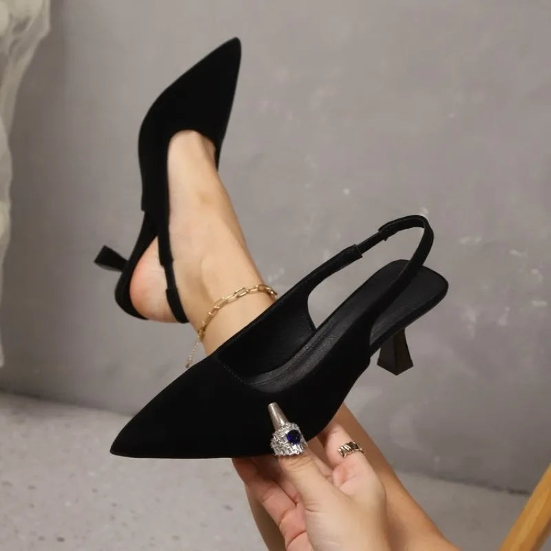 Women Pointed Toe Kitten Heel Sandals Slingback Pumps Low Flared Heel Dress Shoes Summer Wedding Party Office Elegant Fashion