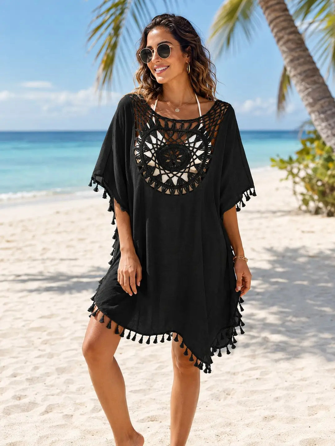 Women Crochet Tassel Beach Cover Up Hollow Out Batwing Sleeve Swim Cover Dress Boho Bikini Swimsuit Cover Up for Vacation