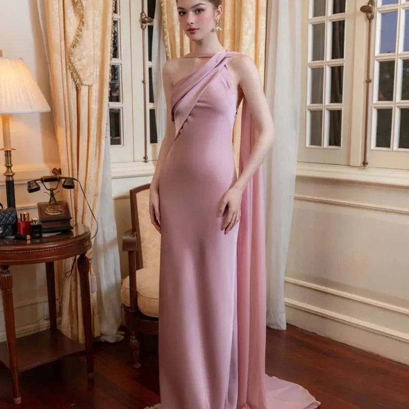 Satin One Shoulder Mermaid Maxi Dress Women Elegant Party Bodycon Slim White Evening Gown Formal Banquet Robe Female Clothing