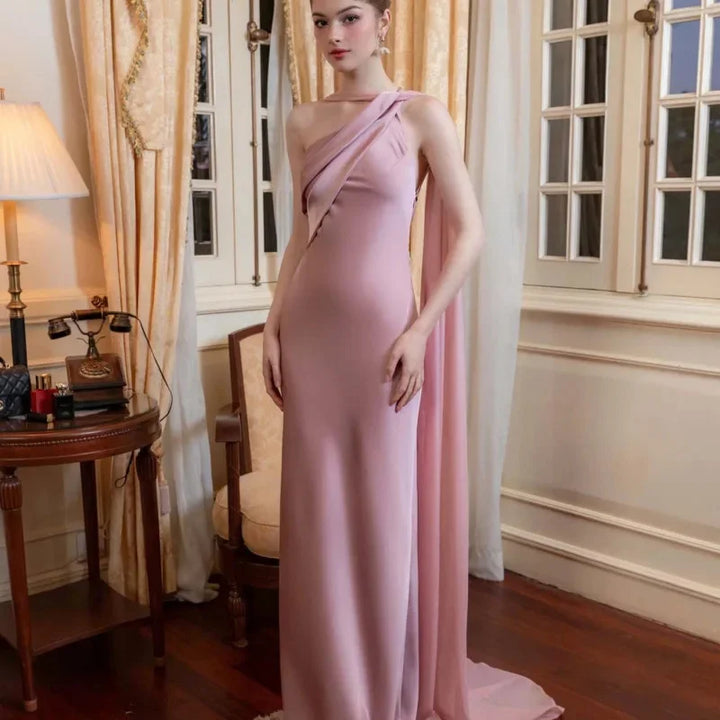 Satin One Shoulder Mermaid Maxi Dress Women Elegant Party Bodycon Slim White Evening Gown Formal Banquet Robe Female Clothing
