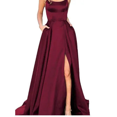 Satin Beach Maxi Women Dress for Christmas Sexy Side Slit Adjustable Straps Evening Prom Dress Cheap Bridesmaid Dresses Sexy cam