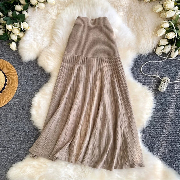 Women Ribbed Knit Pleated Midi Skirt Elastic High Waist A Line Flowy Long Skirt Korean Solid Color Casual Winter Knit Skirts