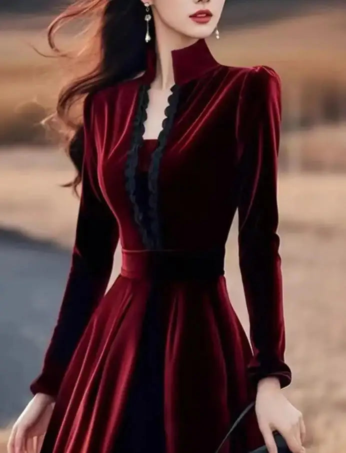 High Quality Red Velvet Dresses Women French Style Vintage Evening Party Vestidos Mujer Autumn Winter Elegant A-line Long Dress