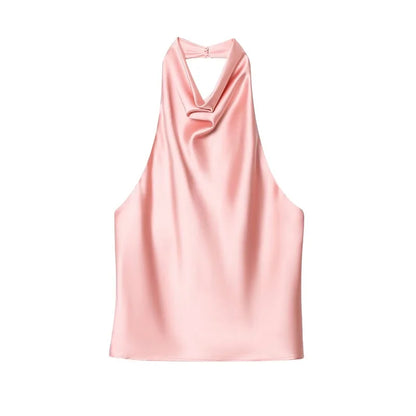 MUJER 2026 Halter Tops for Women Black Satin Backless Top Female Pink Summer Beach Top Woman off Shoulder Camisole Top Women