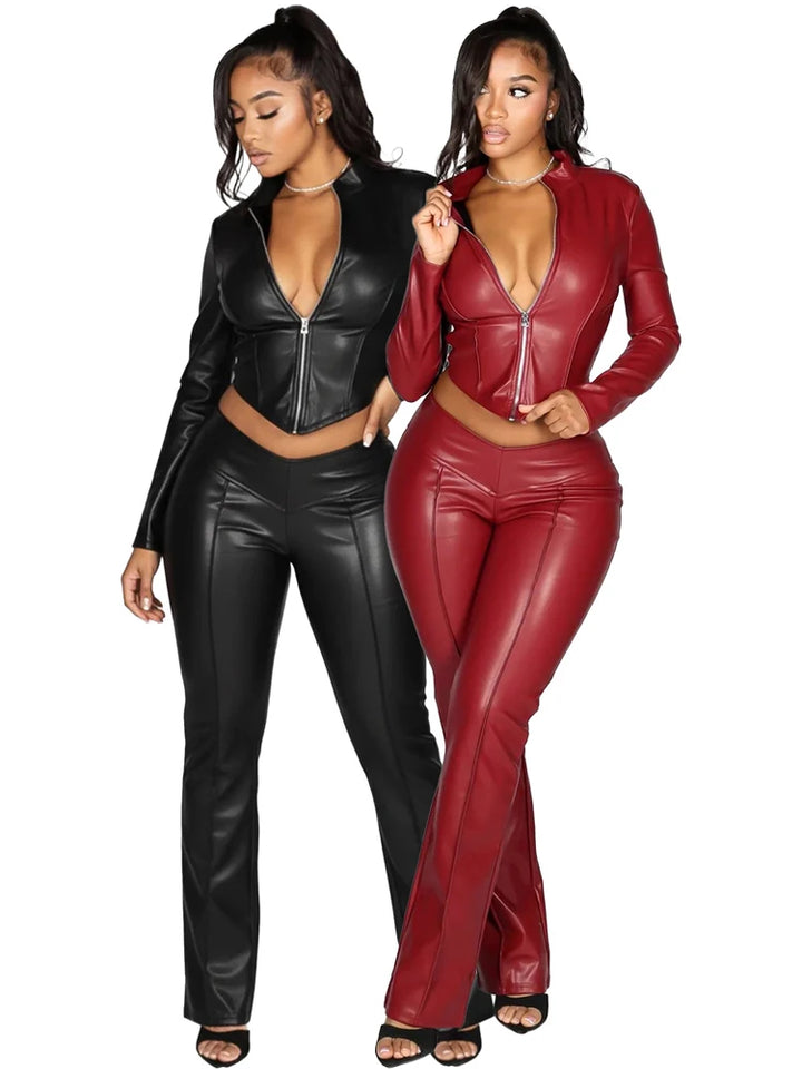 Faux Leather Pu Two 2 Piece Set for Women Fall Winter Fitness Outfits Long Sleeve Zipper Jacket and Pants Set Female Streetwear