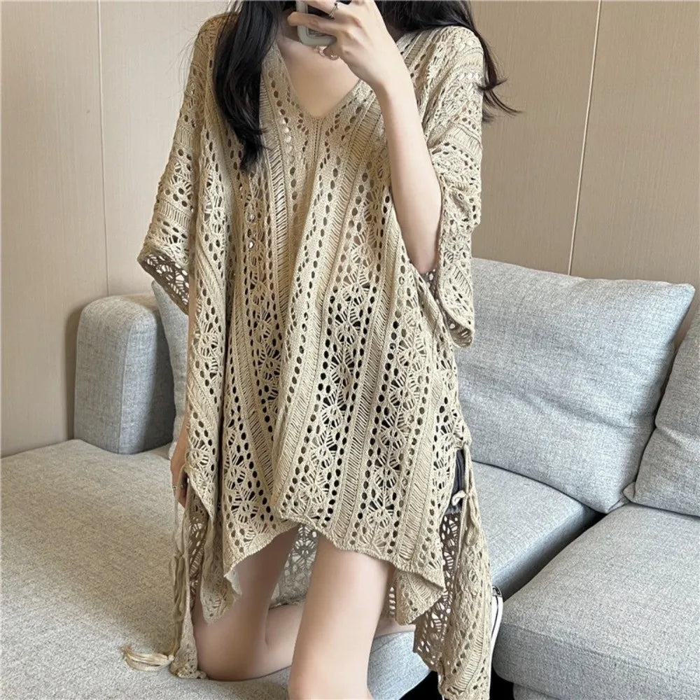 Oversized Hollow Out Swimsuit Cover Up Crochet Sweater Loose Knitted Bikini Cover Up Fishing Net V-neck Beach Wear Streetwear