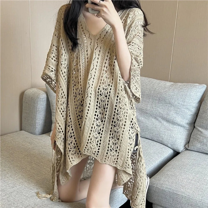 Oversized Hollow Out Swimsuit Cover Up Crochet Sweater Loose Knitted Bikini Cover Up Fishing Net V-neck Beach Wear Streetwear
