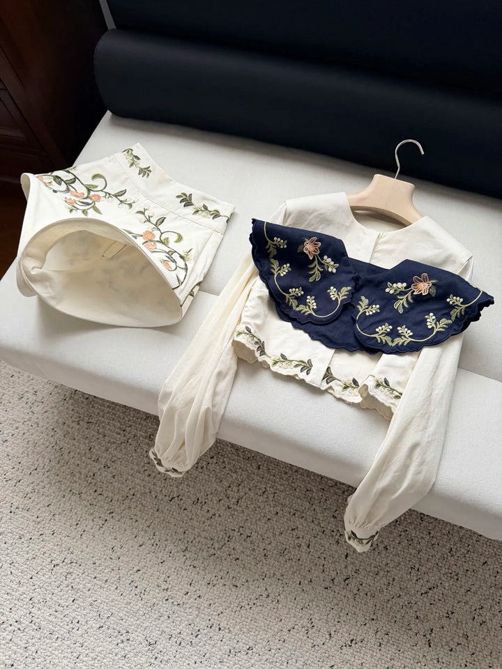 Women 100% Linen 2 Piece Set Heavy Embroidery Detachable Collar Lantern Sleeve Shirt tops &amp; High Waist Casual Shorts