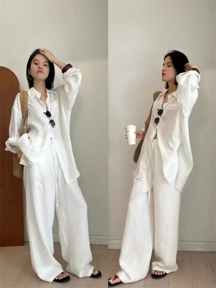 Fashion Casual Linen Wide-leg Pants Summer Loose Versatile Drawstring White Casual Straight Trousers Female