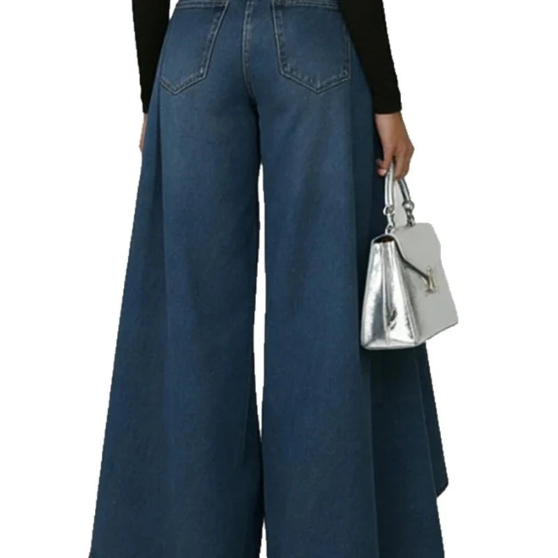 Denim Pant Women Jeans Vintage Wide Leg Long Pants High Waist Straight Trousers Y2k Streetwear Elegant Splice Work Casual Summer