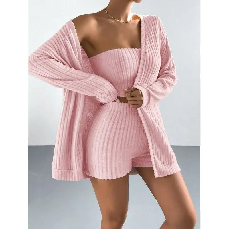 Cozy Brushed Ribbed Knit Women’s 3-Piece Loungewear Set, Long Sleeve Cardigan &amp; Bandeau Top &amp; Shorts, Soft Breathable Versatile