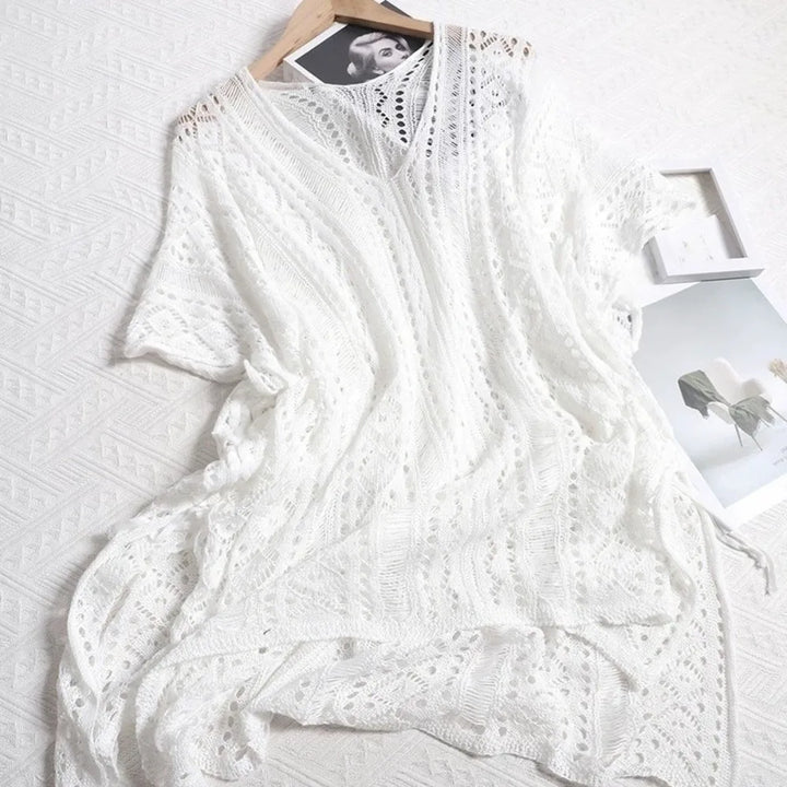 Oversized Hollow Out Swimsuit Cover Up Crochet Sweater Loose Knitted Bikini Cover Up Fishing Net V-neck Beach Wear Streetwear