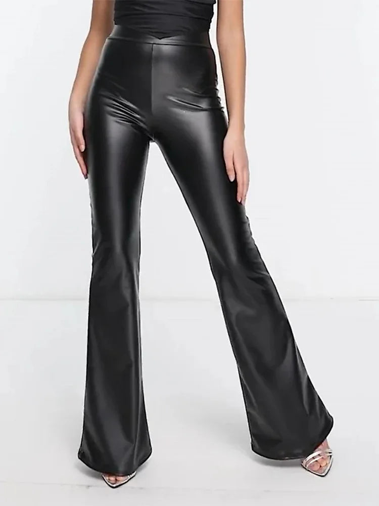 Women Sexy PU Leather Pants Vintage High Waist Y2k Bodycon Bell-bottom Club Party Streetwear Trousers New Cosplay Costume