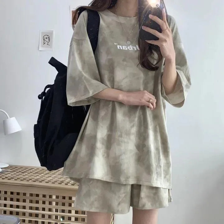 Women T-Shirt Shorts Suit Set Casual Tie Dye Loose Tshirt and Wide Leg Middle Shorts with Pockets Female Soft Summer Shorts Sets