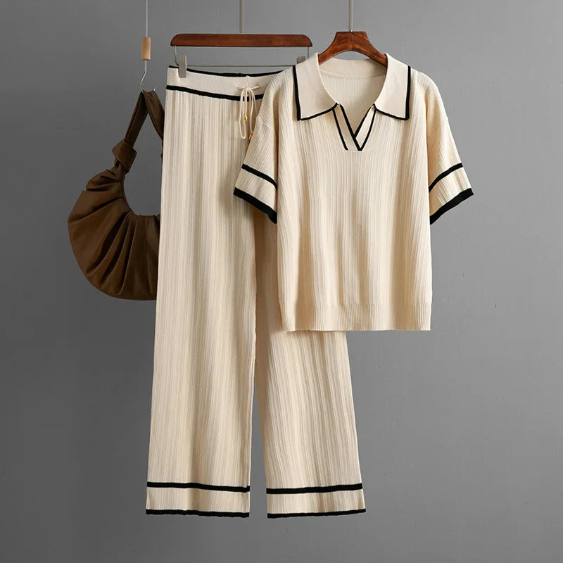 Knitting 2 Piece Sets Women Top Polo Shirt Suit Wide Leg Straight Pants Outfits Lace Up Casual Knitwear Ensemble 2025 Summer