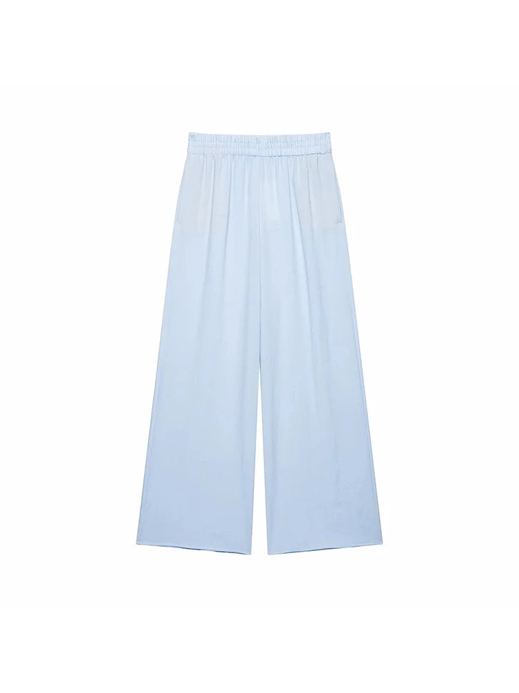 Women Light Blue 2-Piece Set Lapel Zipper Short Sleeve Cropped Shirt + Elastic Waist Wide Leg Pants Casual Office Lady Suit