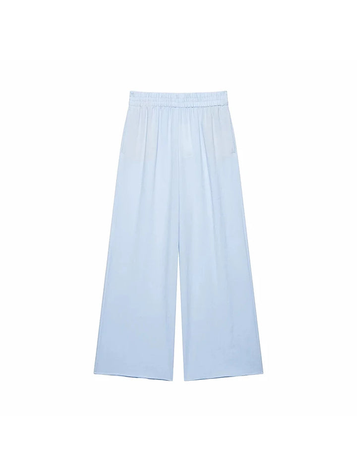 Women Light Blue 2-Piece Set Lapel Zipper Short Sleeve Cropped Shirt + Elastic Waist Wide Leg Pants Casual Office Lady Suit