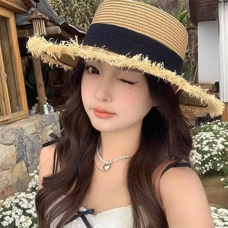 Straw Hat Women French Style Flat Top Wide Brim Sun Protective Hat Summer Beach Vacation Travel FashionHot