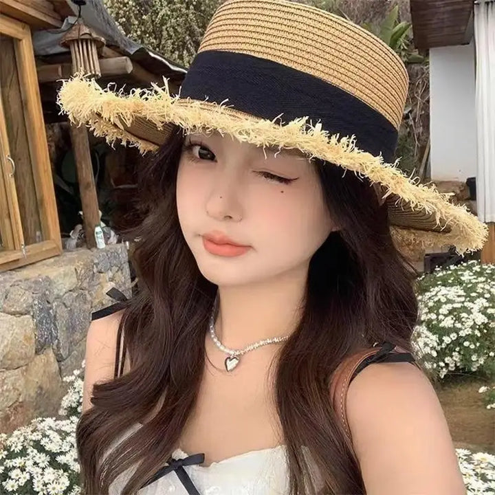 Straw Hat Women French Style Flat Top Wide Brim Sun Protective Hat Summer Beach Vacation Travel FashionHot