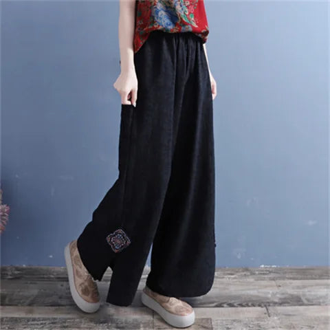 Women Linen Wide Leg Pants Elastic Waist Embroidery Patch Split Hem Loose Casual Ankle Trousers