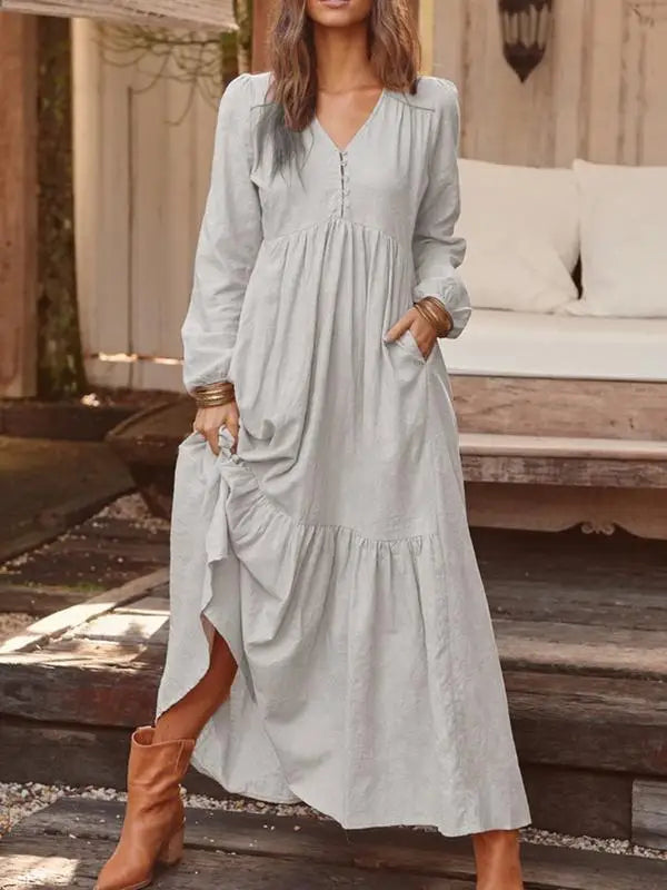 Cotton And Linen Vintage Style Long Dress For Women Casual V Neck Long Sleeve Loose Maxi Dresses Female Elegant Women&