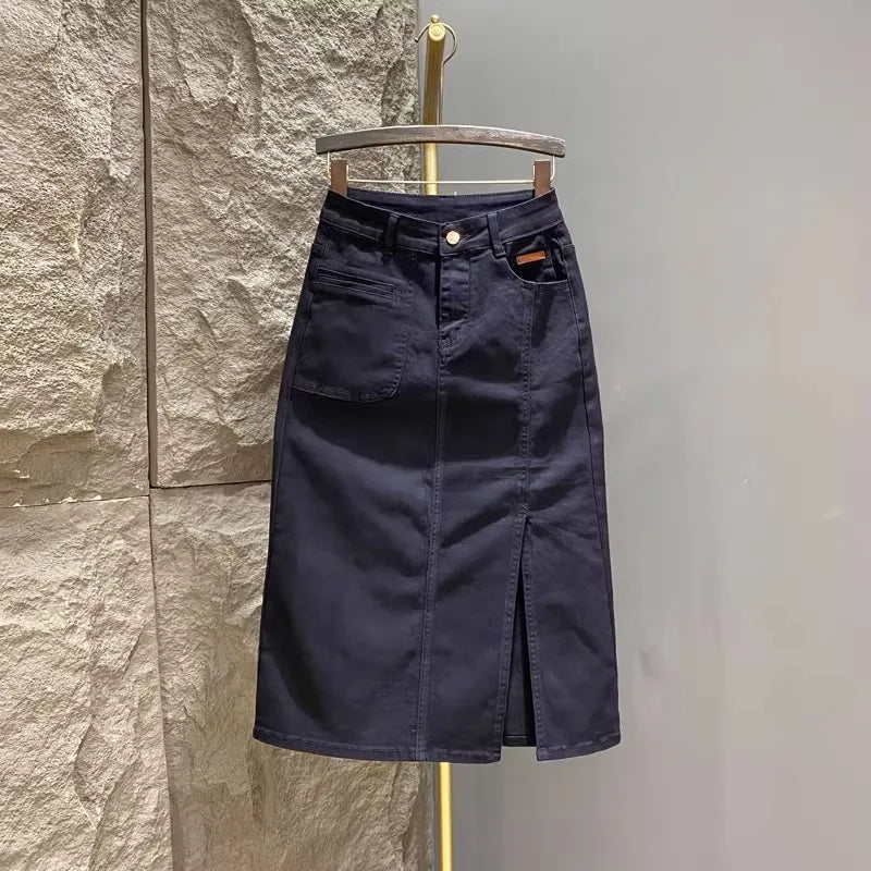 High Waist A-Line Midi Slit Denim Skirt Women&