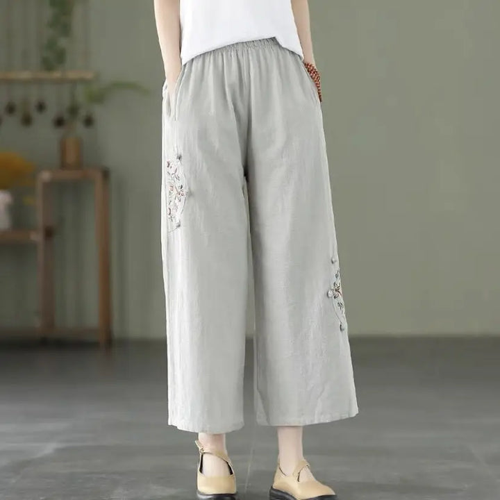 Fashion Women Embroidery High Waist Oversized Pants Summer Cotton Hemp Thin Elastic Band Loose Wide Leg Casual Straight Trousers