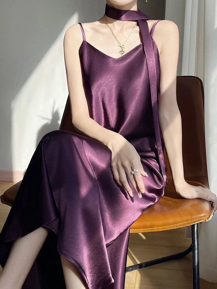 French Elegant Satin Camis Dress Women Summer Loose with Ribbon Midi Dress Female Fashion Aesthetic Party Evening Slip Dress