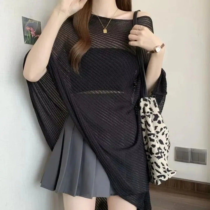 Stripe Patchwork Crochet Hollow Top Transparent Thin Sunscreen Cover Up Loose Irregular Beach Cloak Summer