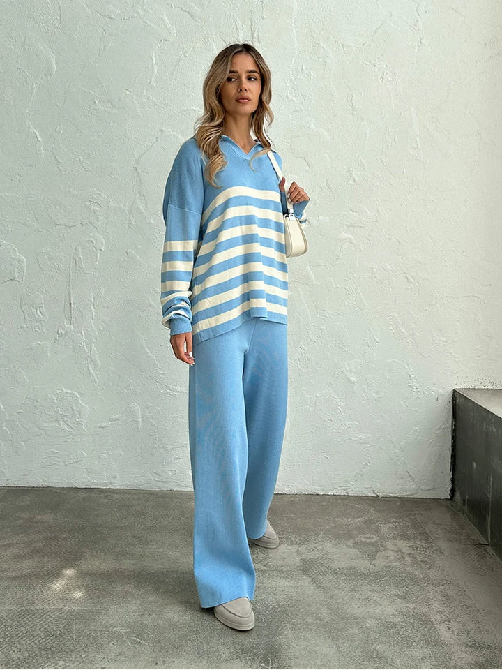 Casual Knit Tracksuit Women Two Piece Set 2 Piece Striped Sweater Matching Sets Loungewear Knitted Two Piece Sets For Women 2024