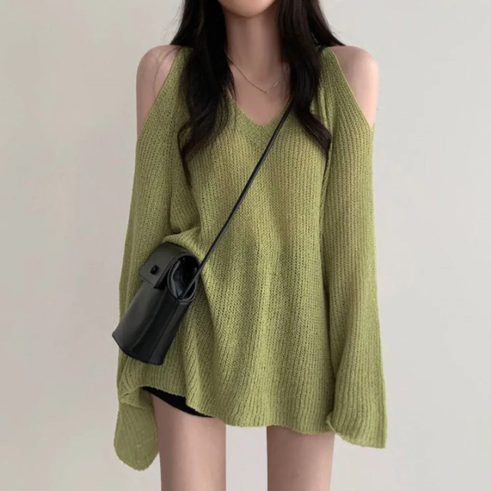 Fashion Hollow Out Knit Long T-shirt Pullover V-neck Crochet Knitwear Long Sleeve Chic Knitted Loose Top Women