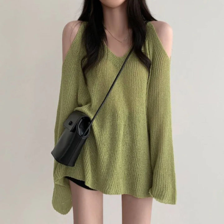 Fashion Hollow Out Knit Long T-shirt Pullover V-neck Crochet Knitwear Long Sleeve Chic Knitted Loose Top Women