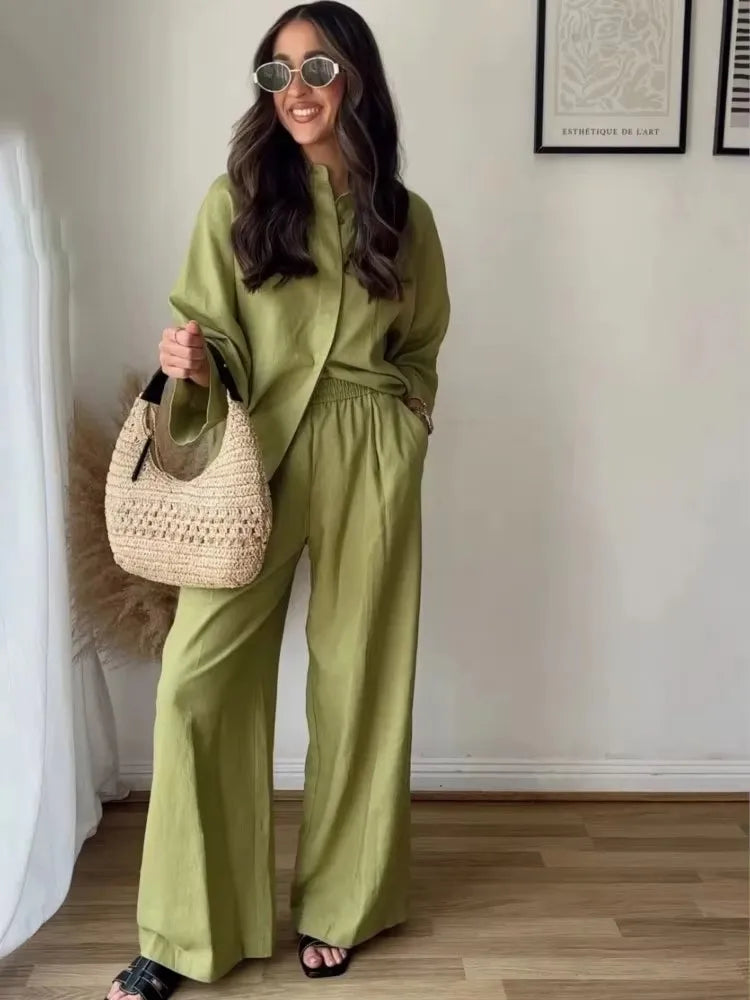 HH Women Casual Solid Blouse Pant Sets Loose Long Sleeve Lapel Shirts Elastic Waist Wide Leg Trousers Office Lady Suit