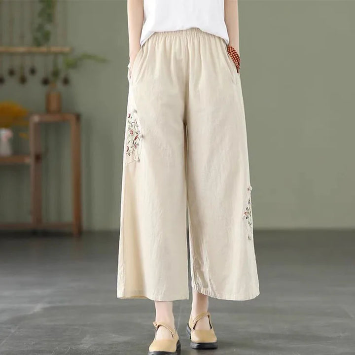 Fashion Women Embroidery High Waist Oversized Pants Summer Cotton Hemp Thin Elastic Band Loose Wide Leg Casual Straight Trousers