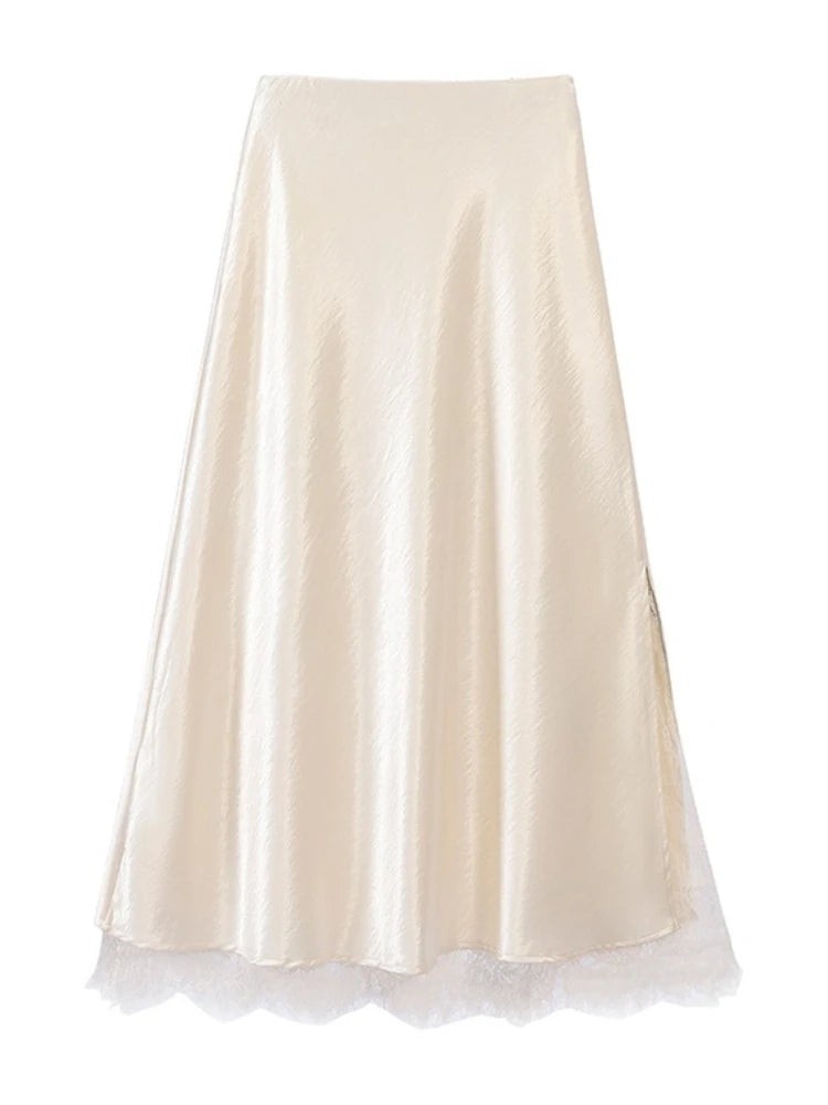 Women Satin Midi Skirt with Lace Trim High Waist Slip Elegant Silky Long Skirt Casual Daily, Dating, Office Outfits
