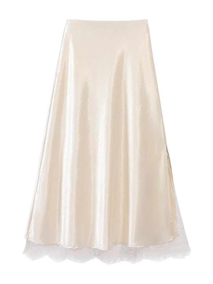 Women Satin Midi Skirt with Lace Trim High Waist Slip Elegant Silky Long Skirt Casual Daily, Dating, Office Outfits