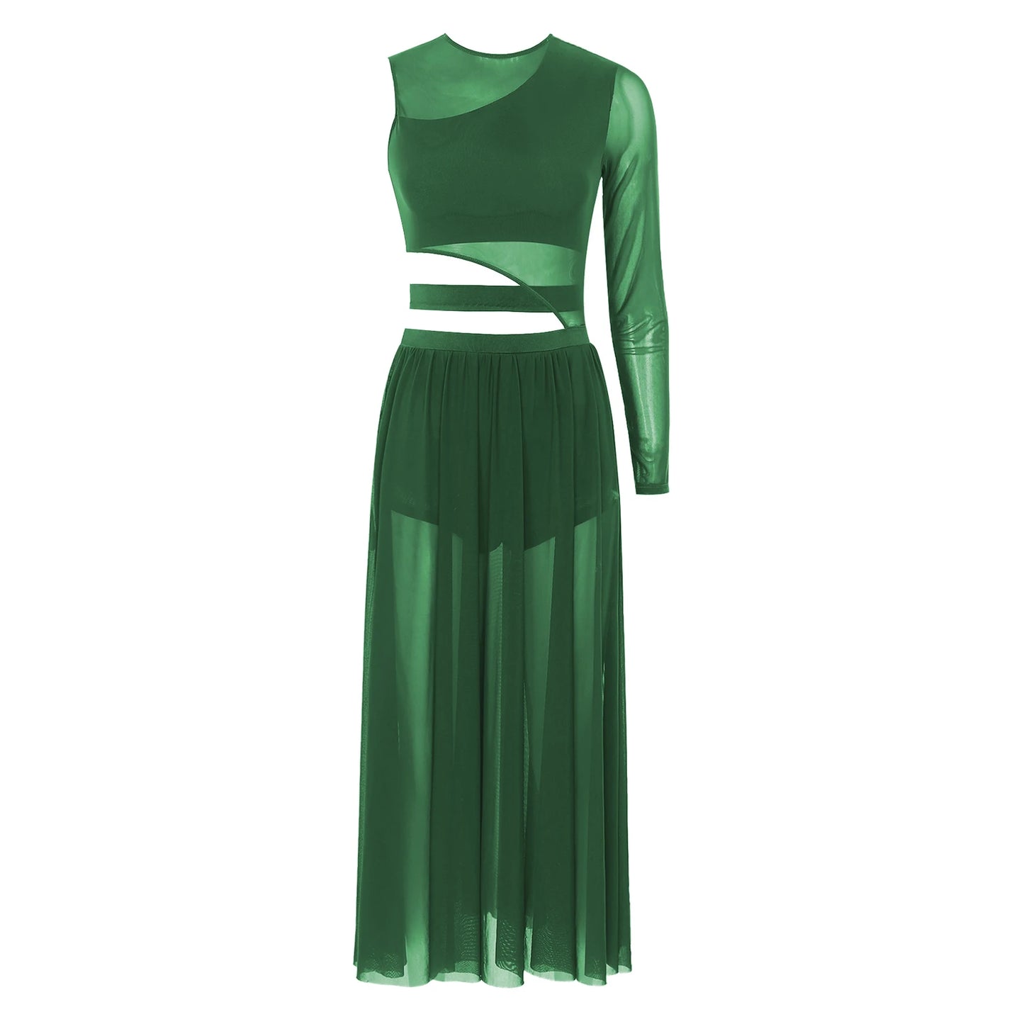 Womens Modern Lyrical Contemporary Dance Costume Cutout Round Neck Dress Side Split Sheer Mesh Dresses Performance Outfits