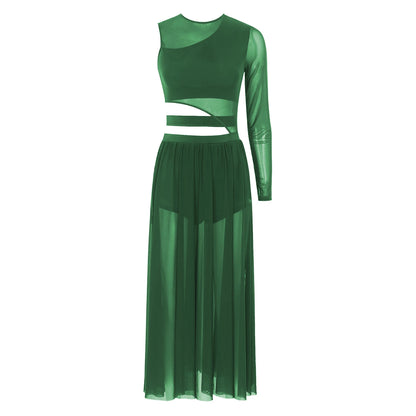 Womens Modern Lyrical Contemporary Dance Costume Cutout Round Neck Dress Side Split Sheer Mesh Dresses Performance Outfits
