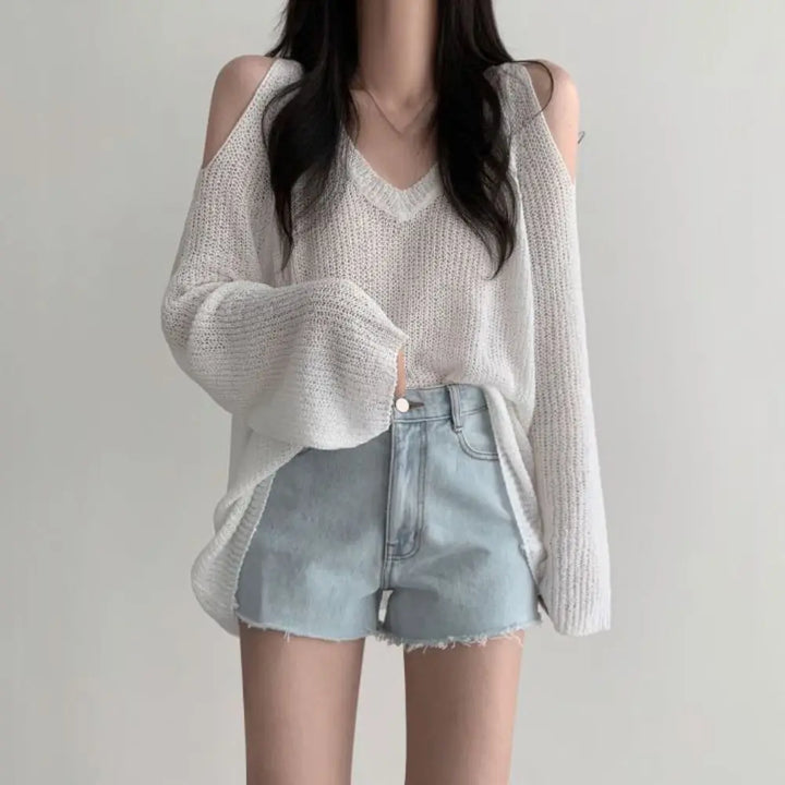 Simple Hollow Out Knit Long T-shirt Long Sleeve Pullover Crochet Knitwear V-neck Chic Knitted Loose Top Women