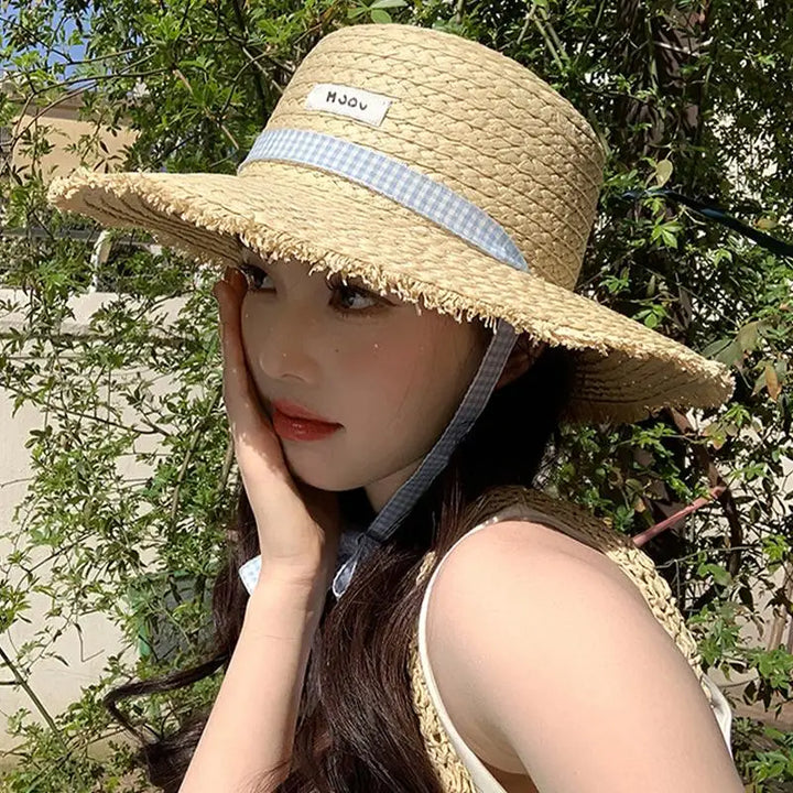 Wide-brimmed Straw Hat Women Beach Sun Hat Fashionable Sun Protection Floral Lace Bow Breathable Summer Hat for Vacation