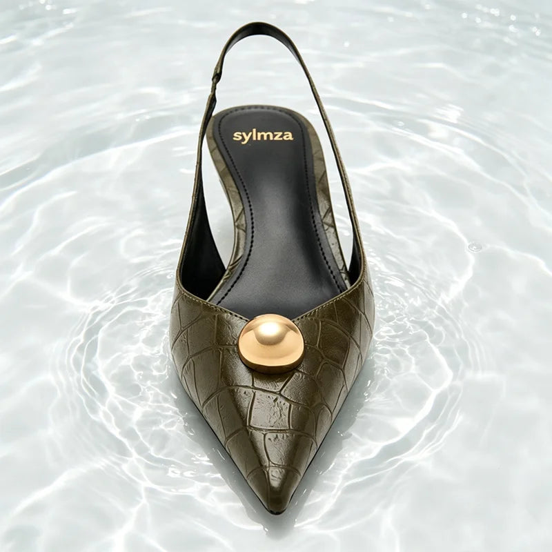 Unique Embossed Slingback Pumps Women Elegant Pointed-Toe Metal Decoration Designer Shoes Comfortable Kitten-Heel Office Shoes