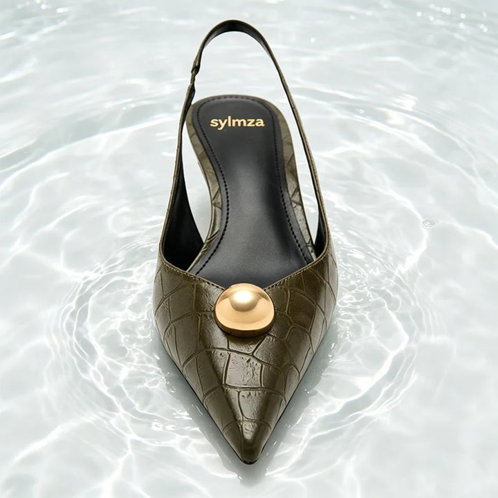 Unique Embossed Slingback Pumps Women Elegant Pointed-Toe Metal Decoration Designer Shoes Comfortable Kitten-Heel Office Shoes