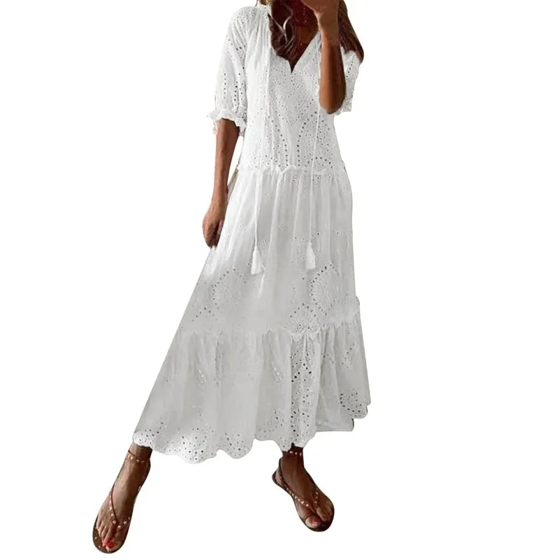 Summer Cotton White Dress for Women Casual Hollow Crochet Bohemian Loose Beach Long Dress Ladies Plus Size Holiday Ruffles Dress