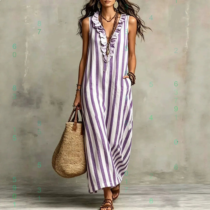 Bohemian Stripe V Neck Linen Maxi Dress Summer Casual Long Dresses