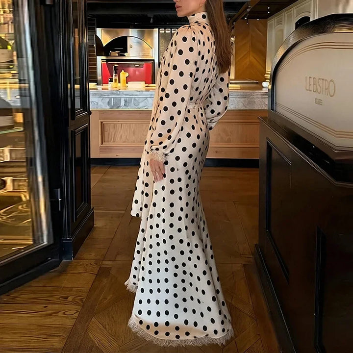 Women Elegant Polka Dot Maxi Dress 2026 new Ladies V-neck long sleeves Waist Cinched Evening Dress French Vestidos