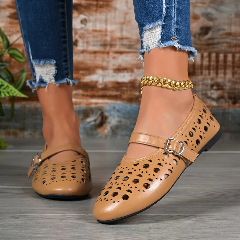 Women Hollow Out Mary Jane Flats Summer Breathable Flat Shoes Buckle Strap Soft Non Slip Sole Daily Walking Ladies Casual Shoes