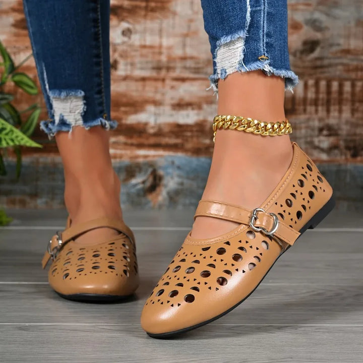 Women Hollow Out Mary Jane Flats Summer Breathable Flat Shoes Buckle Strap Soft Non Slip Sole Daily Walking Ladies Casual Shoes